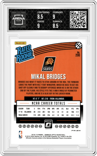 Mikal Bridges from the 2018-19 Panini Donruss Optic set featuring a Shock parallel graded by Arena Club and given an overall grade of 9.