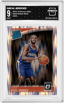 Mikal Bridges from the 2018-19 Panini Donruss Optic set featuring a Shock parallel graded by Arena Club and given an overall grade of 9.