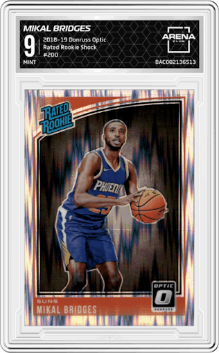 Mikal Bridges from the 2018-19 Panini Donruss Optic set featuring a Shock parallel graded by Arena Club and given an overall grade of 9.