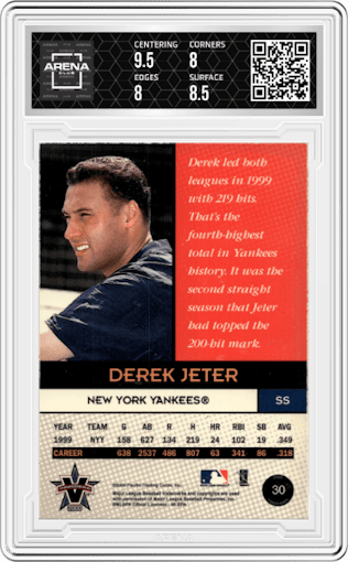 Derek Jeter from the 2000 Pacific Vanguard set graded by Arena Club and given an overall grade of 8.5.