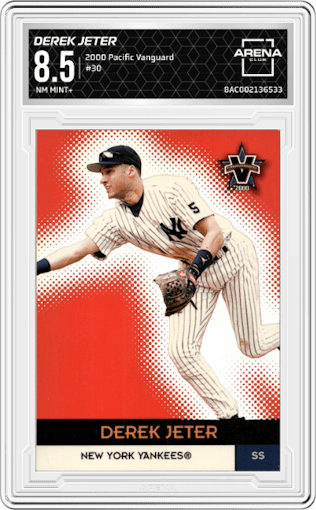 Derek Jeter from the 2000 Pacific Vanguard set graded by Arena Club and given an overall grade of 8.5.