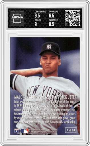 Derek Jeter from the 1995 Fleer set featuring a Variation parallel graded by Arena Club and given an overall grade of 7.