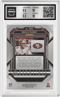 Brock Purdy from the 2022 Panini Prizm set graded by Arena Club and given an overall grade of 10.