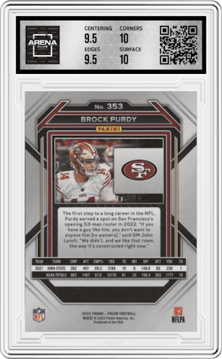 Brock Purdy from the 2022 Panini Prizm set graded by Arena Club and given an overall grade of 10.