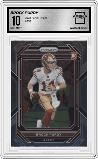 Brock Purdy from the 2022 Panini Prizm set graded by Arena Club and given an overall grade of 10.