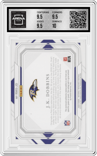 J.K. Dobbins from the 2020 Panini National Treasures set graded by Arena Club and given an overall grade of 10.