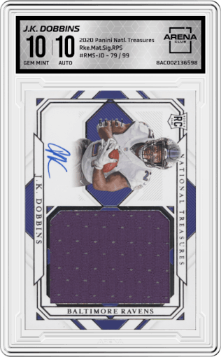 J.K. Dobbins from the 2020 Panini National Treasures set graded by Arena Club and given an overall grade of 10.