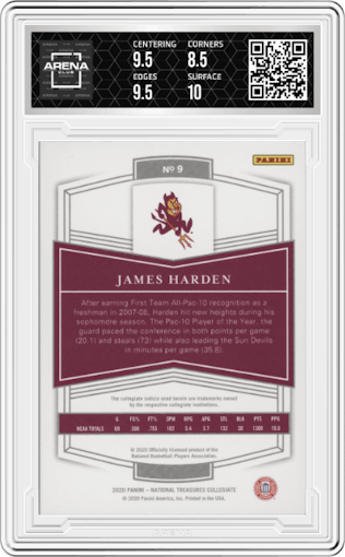 James Harden from the 2020-21 Panini National Treasures Collegiate set featuring a Century Gold parallel graded by Arena Club and given an overall grade of 9.