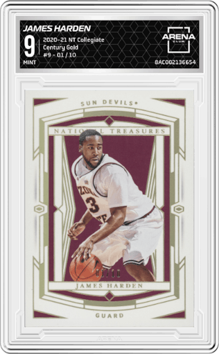 James Harden from the 2020-21 Panini National Treasures Collegiate set featuring a Century Gold parallel graded by Arena Club and given an overall grade of 9.