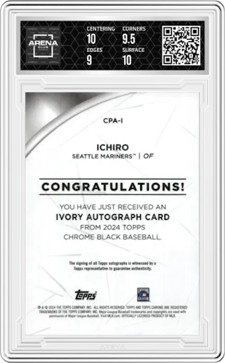 Ichiro from the  2024 Topps Chrome Black set graded by Arena Club and given an overall grade of 9.5.