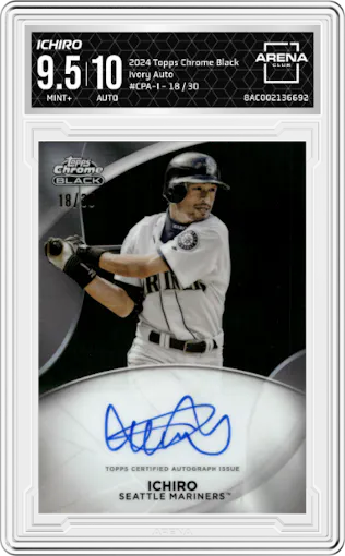 Ichiro from the  2024 Topps Chrome Black set graded by Arena Club and given an overall grade of 9.5.