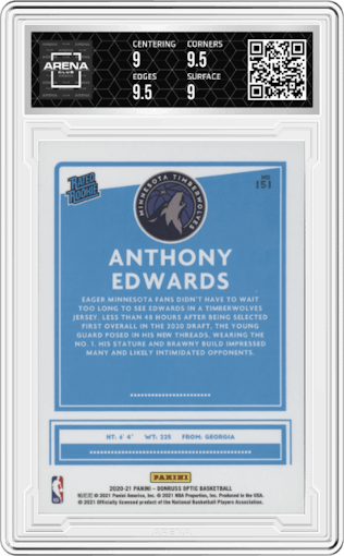 Anthony Edwards from the 2020-21 Panini Donruss Optic set graded by Arena Club and given an overall grade of 9.5.