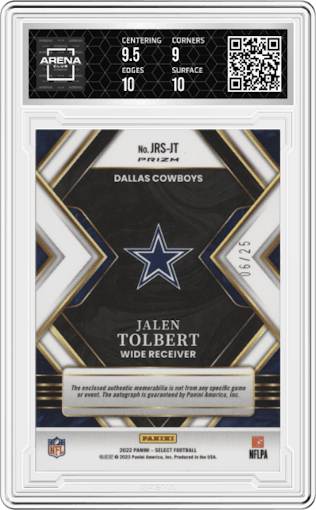 Jalen Tolbert from the 2022 Panini Select set featuring a Tie-Dye parallel graded by Arena Club and given an overall grade of 9.5.