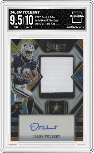 Jalen Tolbert from the 2022 Panini Select set featuring a Tie-Dye parallel graded by Arena Club and given an overall grade of 9.5.
