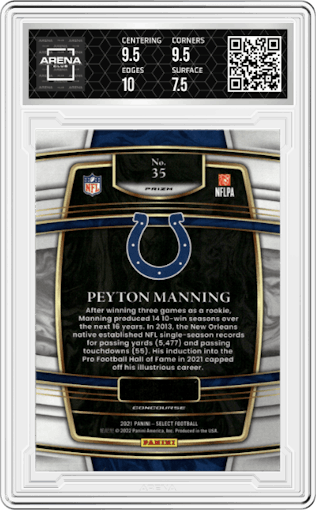 Peyton Manning from the 2021 Panini Select set featuring a Tiger parallel graded by Arena Club and given an overall grade of 8.