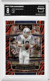 Peyton Manning from the 2021 Panini Select set featuring a Tiger parallel graded by Arena Club and given an overall grade of 8.