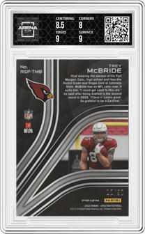 Trey McBride from the 2022 Panini Spectra set featuring a Interstellar  parallel graded by Arena Club and given an overall grade of 8.5.