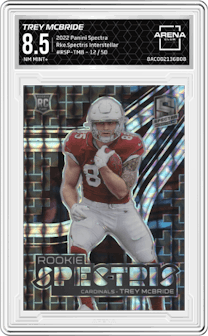 Trey McBride from the 2022 Panini Spectra set featuring a Interstellar  parallel graded by Arena Club and given an overall grade of 8.5.