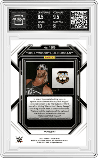 "Hollywood" Hulk Hogan from the 2023 Panini Prizm WWE set graded by Arena Club and given an overall grade of 9.