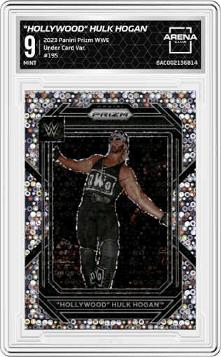 "Hollywood" Hulk Hogan from the 2023 Panini Prizm WWE set graded by Arena Club and given an overall grade of 9.