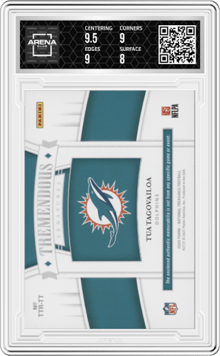 Tua Tagovailoa from the 2020 Panini National Treasures set graded by Arena Club and given an overall grade of 8.5.