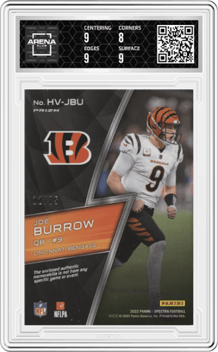 Joe Burrow from the 2022 Panini Spectra set featuring a Hyper parallel graded by Arena Club and given an overall grade of 8.5.