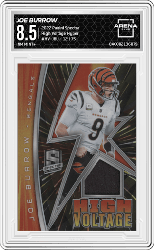 Joe Burrow from the 2022 Panini Spectra set featuring a Hyper parallel graded by Arena Club and given an overall grade of 8.5.