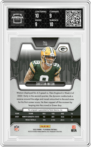 Christian Watson from the 2022 Panini Playbook set graded by Arena Club and given an overall grade of 9.5.