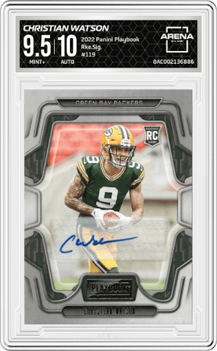 Christian Watson from the 2022 Panini Playbook set graded by Arena Club and given an overall grade of 9.5.