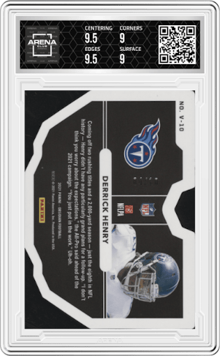 Derrick Henry from the 2021 Panini Obsidian set featuring a Electric Etch Yellow parallel graded by Arena Club and given an overall grade of 9.5.