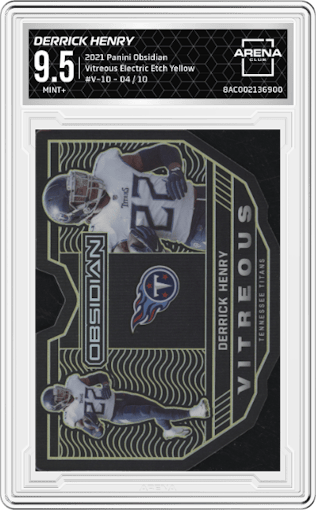 Derrick Henry from the 2021 Panini Obsidian set featuring a Electric Etch Yellow parallel graded by Arena Club and given an overall grade of 9.5.