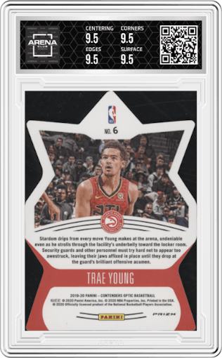 Trae Young from the 2019-20 Panini Contenders Optic set graded by Arena Club and given an overall grade of 9.5.