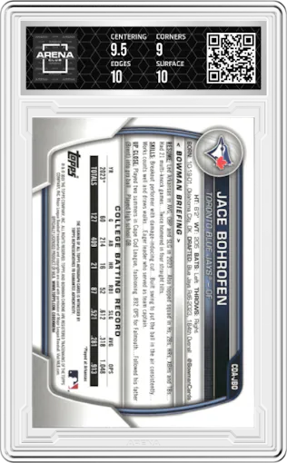 Jace Bohrofen from the 2023 Bowman Draft set graded by Arena Club and given an overall grade of 9.5.