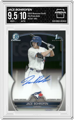 Jace Bohrofen from the 2023 Bowman Draft set graded by Arena Club and given an overall grade of 9.5.