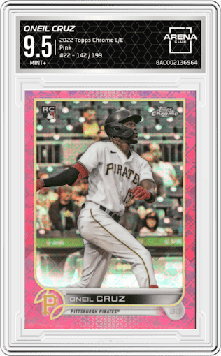 Oneil Cruz from the 2022 Topps Chrome Logofractor set featuring a Pink parallel graded by Arena Club and given an overall grade of 9.5.