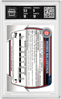Moises Ballesteros from the 2023 Bowman Mega Box set featuring a Aqua Refractor parallel graded by Arena Club and given an overall grade of 9.5.