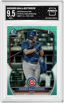 Moises Ballesteros from the 2023 Bowman Mega Box set featuring a Aqua Refractor parallel graded by Arena Club and given an overall grade of 9.5.