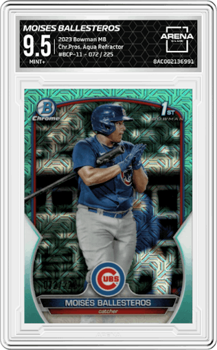 Moises Ballesteros from the 2023 Bowman Mega Box set featuring a Aqua Refractor parallel graded by Arena Club and given an overall grade of 9.5.