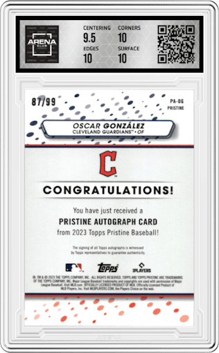 Oscar Gonzalez from the 2023 Topps Pristine set featuring a Refractor parallel graded by Arena Club and given an overall grade of 10.