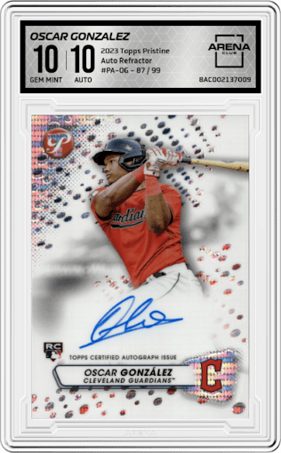 Oscar Gonzalez from the 2023 Topps Pristine set featuring a Refractor parallel graded by Arena Club and given an overall grade of 10.
