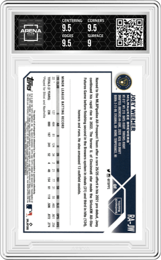 Joey Wiemer from the 2023 Topps Chrome set graded by Arena Club and given an overall grade of 9.5.