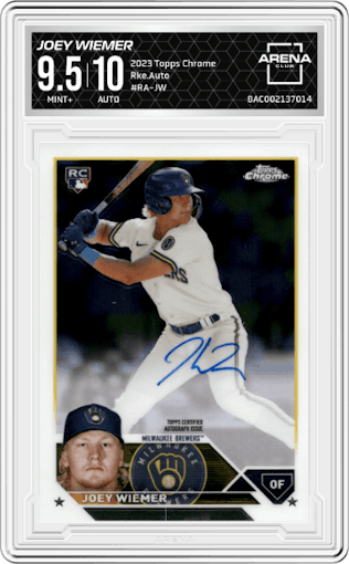 Joey Wiemer from the 2023 Topps Chrome set graded by Arena Club and given an overall grade of 9.5.