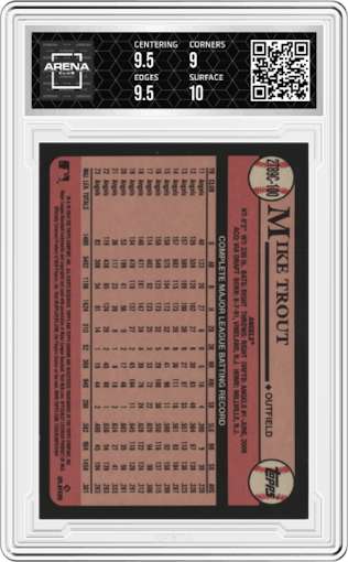 Mike Trout from the 2024 Topps Series 2 Silver Pack set featuring a Blue parallel graded by Arena Club and given an overall grade of 9.5.