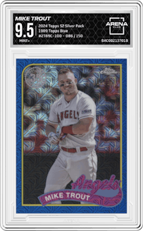 Mike Trout from the 2024 Topps Series 2 Silver Pack set featuring a Blue parallel graded by Arena Club and given an overall grade of 9.5.