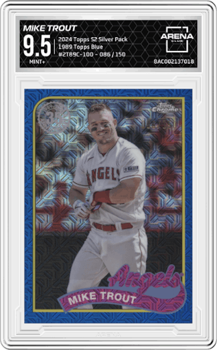 Mike Trout from the 2024 Topps Series 2 Silver Pack set featuring a Blue parallel graded by Arena Club and given an overall grade of 9.5.