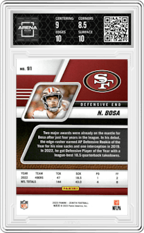 Nick Bosa from the 2023 Panini Zenith set featuring a Gold Artist Proof parallel graded by Arena Club and given an overall grade of 9.