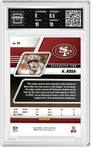 Nick Bosa from the 2023 Panini Zenith set featuring a Gold Artist Proof parallel graded by Arena Club and given an overall grade of 9.