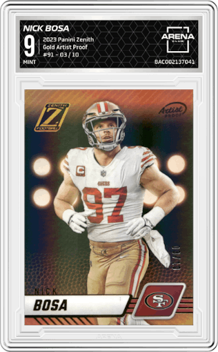 Nick Bosa from the 2023 Panini Zenith set featuring a Gold Artist Proof parallel graded by Arena Club and given an overall grade of 9.