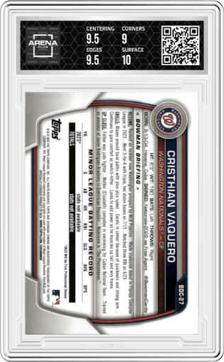 Cristhian Vaquero from the 2023 Bowman Draft set featuring a Gold Refractor parallel graded by Arena Club and given an overall grade of 9.5.