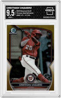 Cristhian Vaquero from the 2023 Bowman Draft set featuring a Gold Refractor parallel graded by Arena Club and given an overall grade of 9.5.